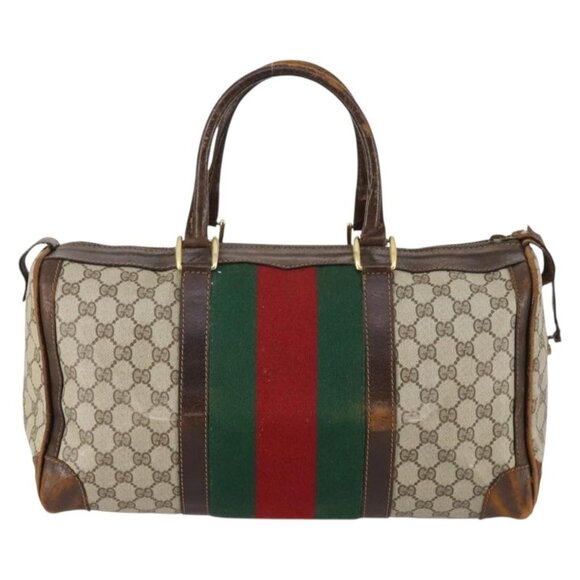 GUCCI GG Supreme Web Sherry Line Boston Bag PVC Beige Gold Red Auth hk3095 - Picture 3 of 16